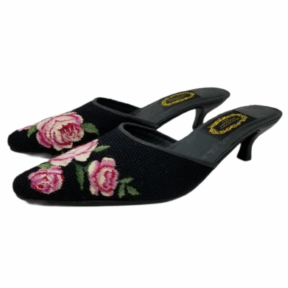 Embroidered Needlepoint Kitten Heel Roses Mules L